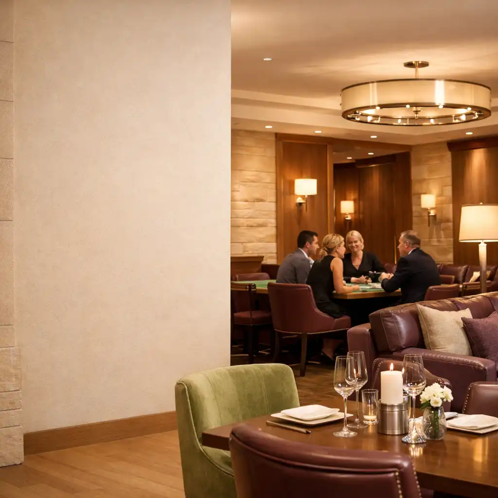 Ciepłe wnętrze salonu Casino Lounge z jasnym drewnem, śliwkową skórą i stołem w tle