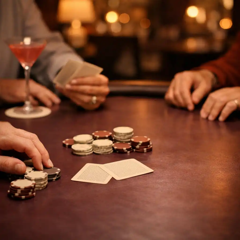 Dłonie dorosłych gości przy śliwkowym stole pokerowym z neutralnymi żetonami i kartami