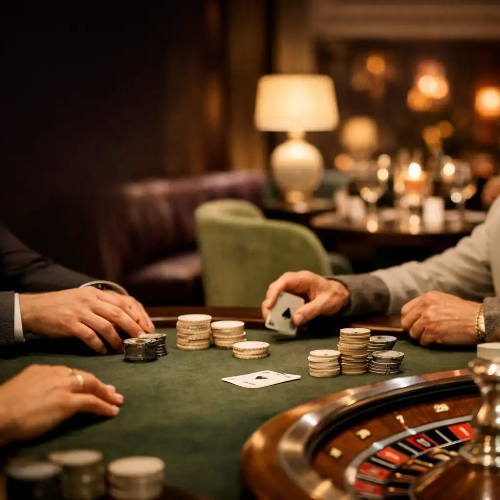 Dorośli goście przy fizycznym stole Casino Lounge w ciepłym śliwkowym wnętrzu
