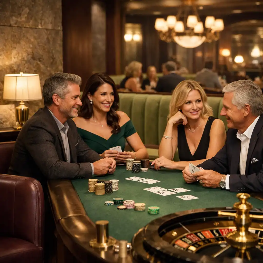 Goście przy eleganckim fizycznym stole Casino Lounge w ciepłym, śliwkowym wnętrzu Chef Food Room