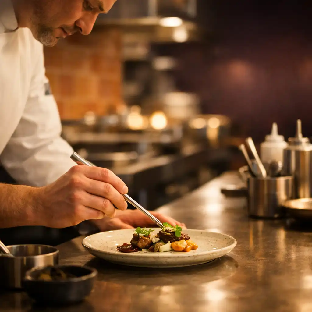 Szef kuchni Chef Food Room dopracowuje talerz w otwartej kuchni