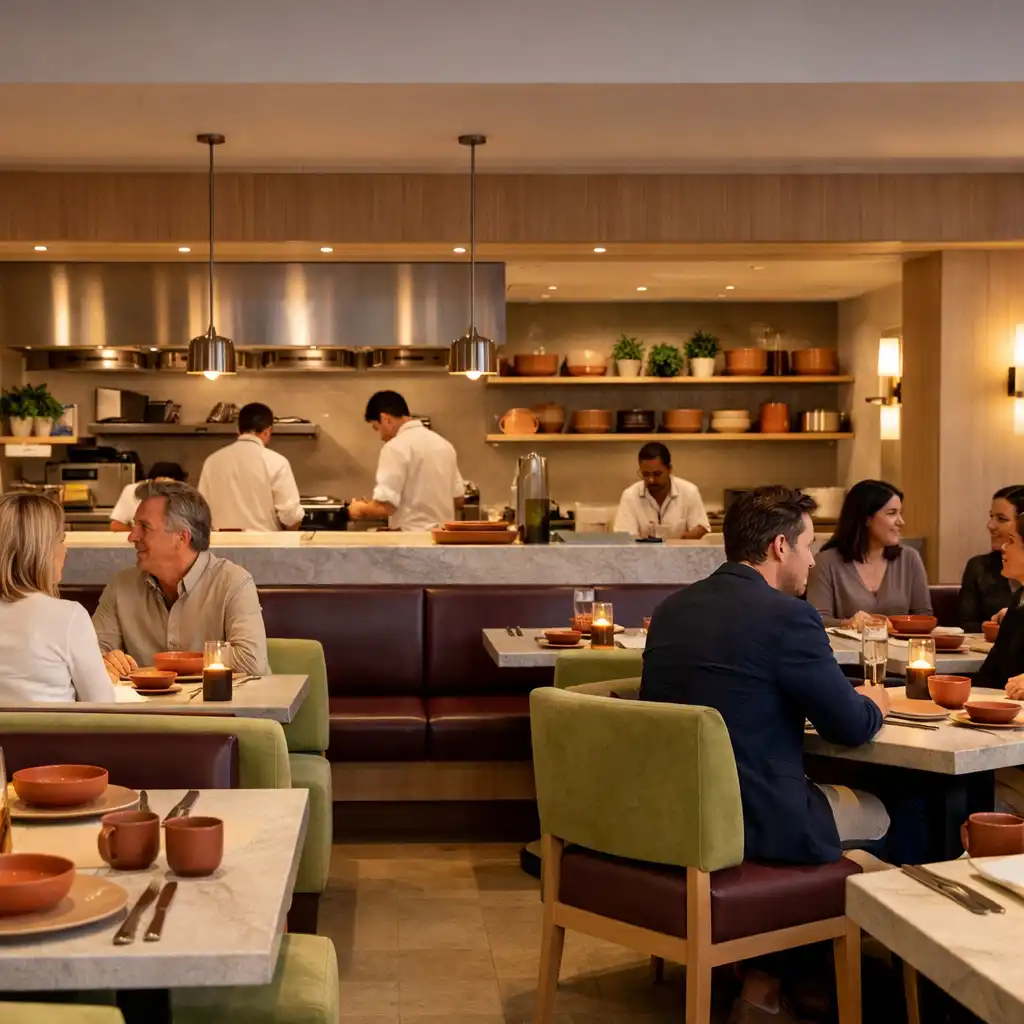 Jasna jadalnia Chef Food Room z kamiennymi stołami, otwartą kuchnią i śliwkowo-pistacjowymi detalami