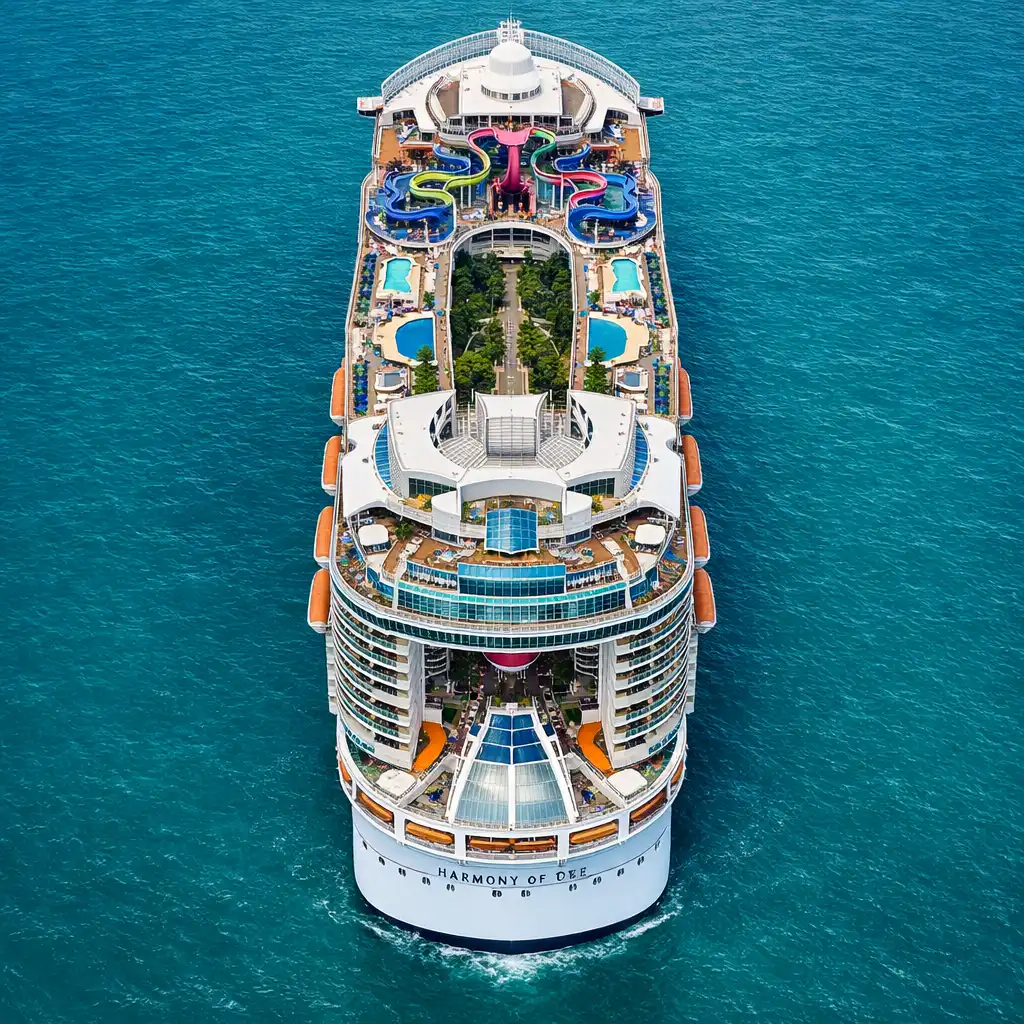 Harmony of the Seas z lotu ptaka, widoczne baseny i Central Park