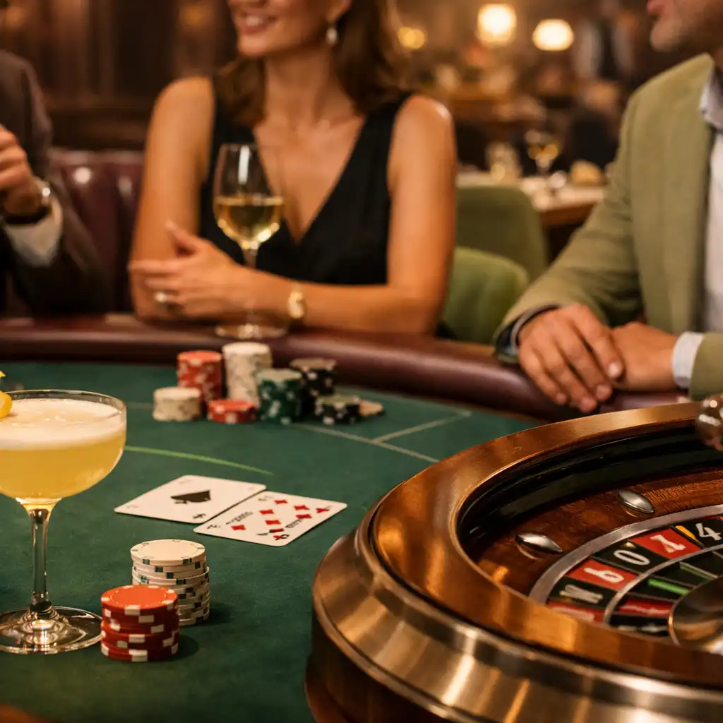 Dłonie gości przy fizycznym stole Casino Lounge z neutralnymi żetonami, kartami i detalem ruletki