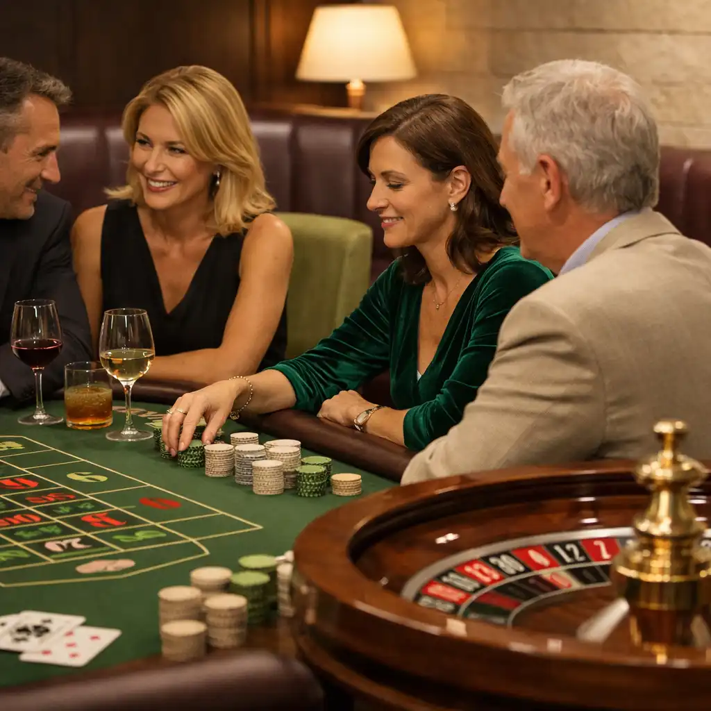 Goście przy fizycznym stole Casino Lounge w ciepłym wnętrzu