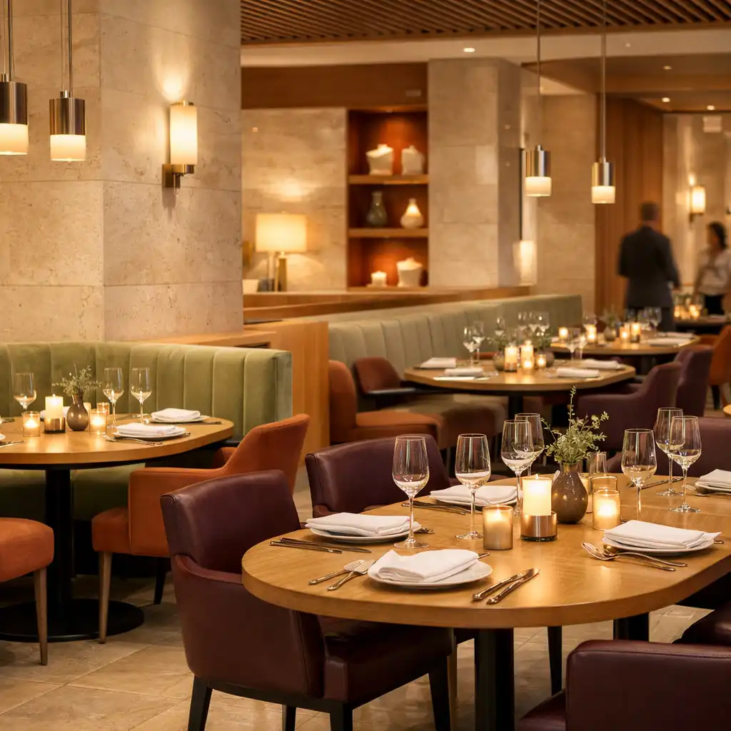 Współczesne wnętrze restauracji z nakrytymi stołami