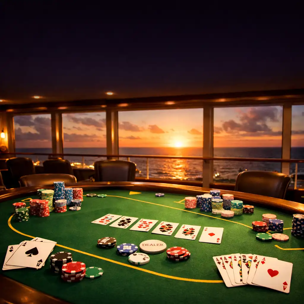 Stół pokerowy na statku wycieczkowym z kartami i kolorowymi żetonami, w tle okna z widokiem na ocean o zachodzie słońca