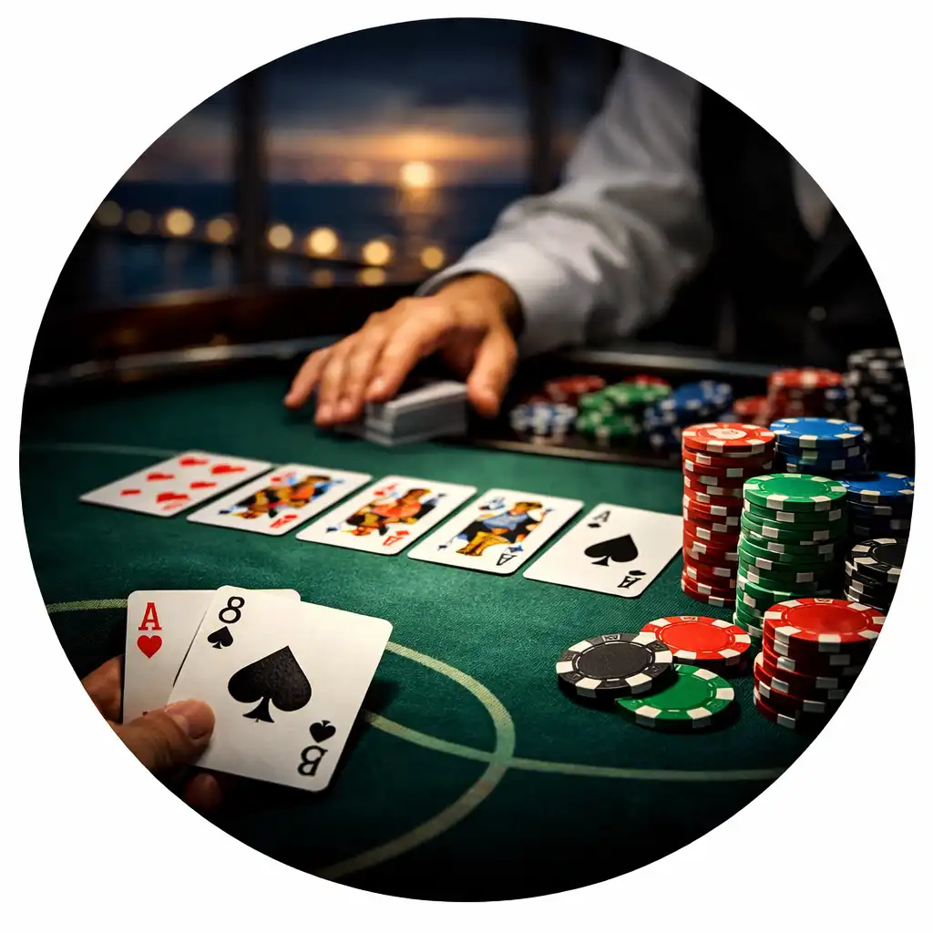 Stół pokerowy na statku z kartami, żetonami i ręką krupiera w dramatycznym świetle