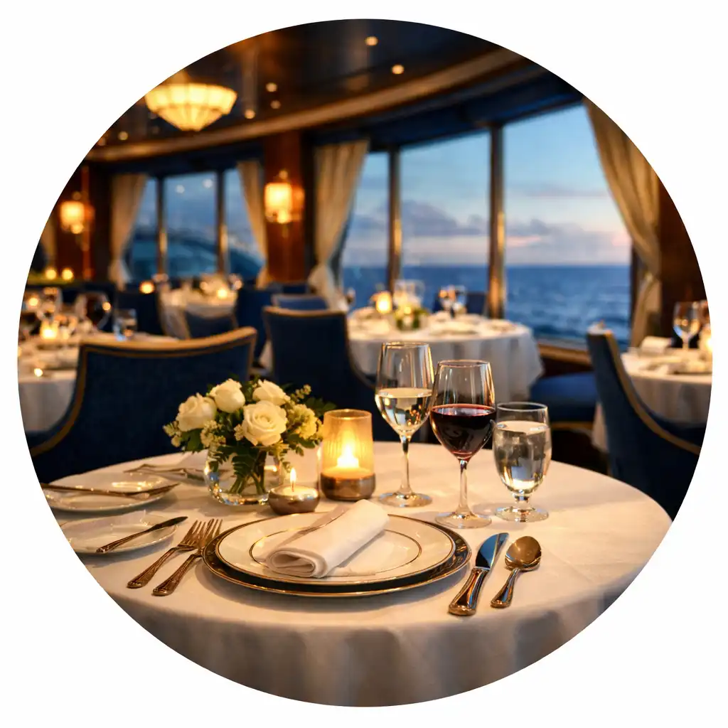 Elegancka restauracja na statku z białymi obrusami, porcelaną i dużymi oknami z widokiem na ocean