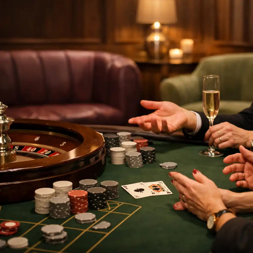 Dłonie gości przy fizycznym stole Casino Lounge z neutralnymi żetonami i fragmentem ruletki