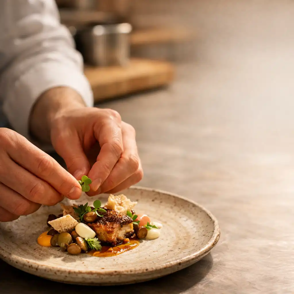 Szef kuchni Chef Food Room układa ostatnie elementy autorskiego dania na ceramicznym talerzu