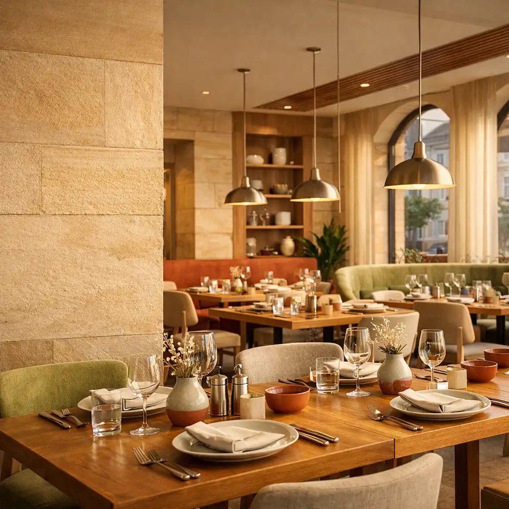 Jasna sala Chef Food Room z drewnianymi stołami, ceramiką i ciepłym światłem wieczornym