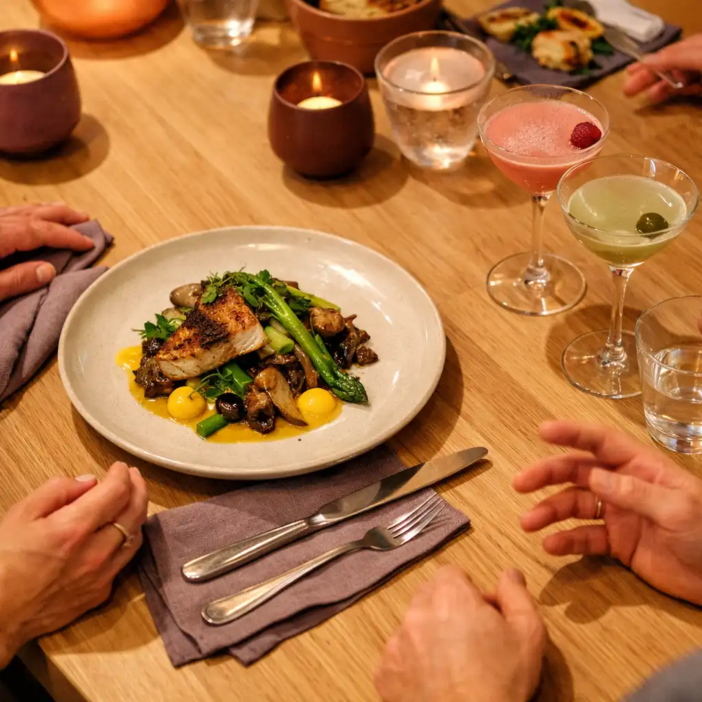 Autorskie danie na ceramicznym talerzu podczas wspólnej kolacji w Chef Food Room